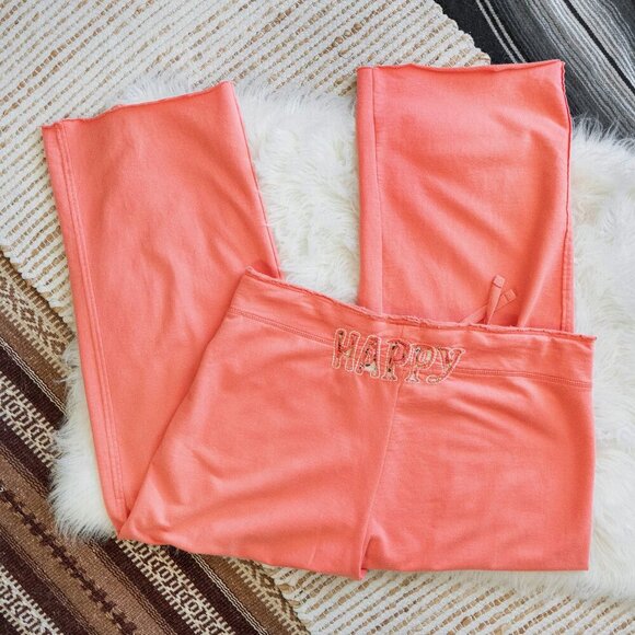 Soma WKND Pants SzXL Coral 100% Cotton Happy Floral Quote Wide Leg Cropped Boho - Picture 1 of 6
